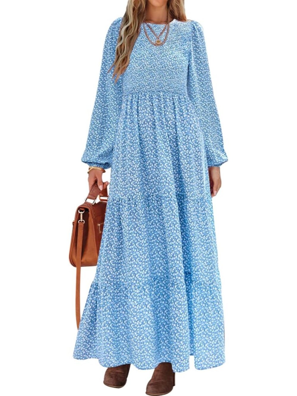 Women's Sky Blue Trendy Outfits Long Sleeve Floral Boho A Line Maxi Fall Dresses